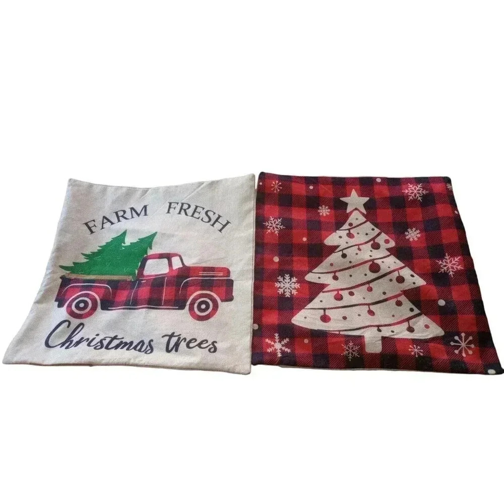 Christmas Throw Pillow Cover Cases Set‎ 18"x18" Set Of 2 Trees Country Decor